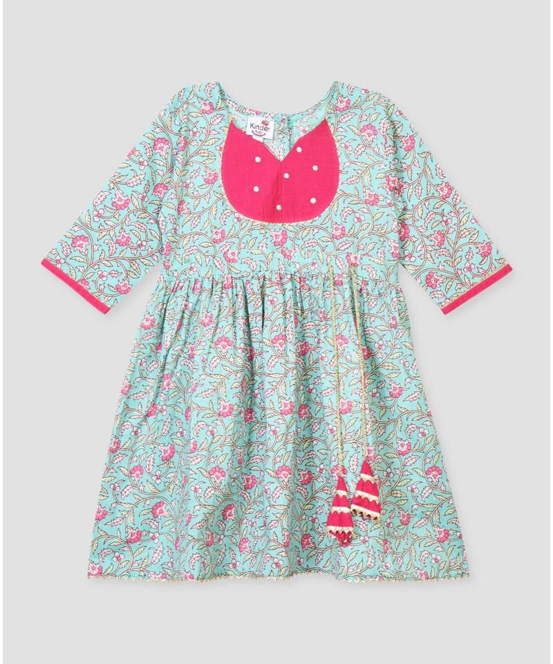 Kinder Kids Floral Printed Dress-Green