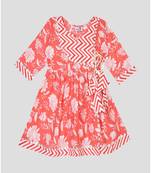 Kinder Kids Cotton Floral Printed Angrakha Dress with Leggings-Red