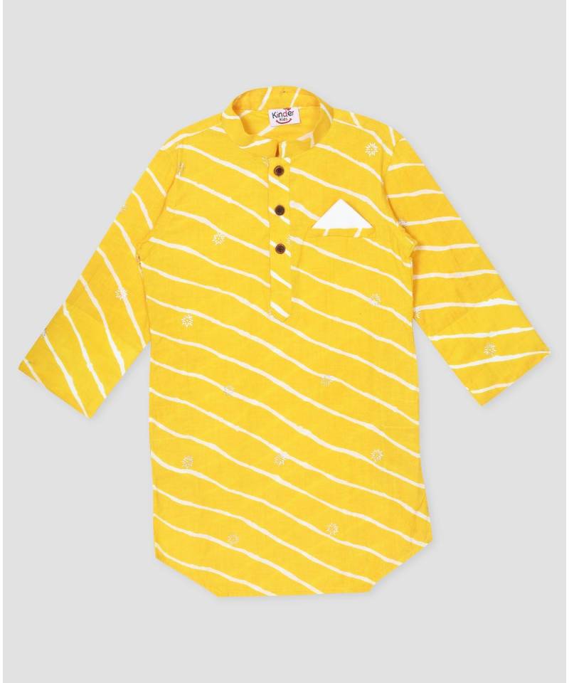 Kinder Kids Full Sleeves Lehriya Design Kurta- Yellow