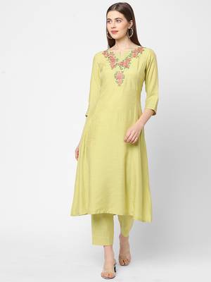 Light-yellow embroidered art silk ethnic-kurtis 1
