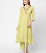 Light-yellow embroidered art silk ethnic-kurtis