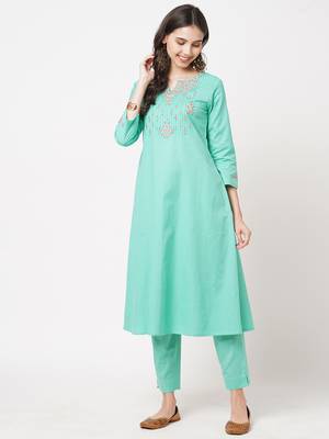 Aqua-blue embroidered cotton ethnic-kurtis 1