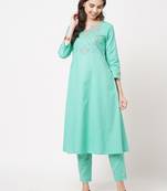 Aqua-blue embroidered cotton ethnic-kurtis