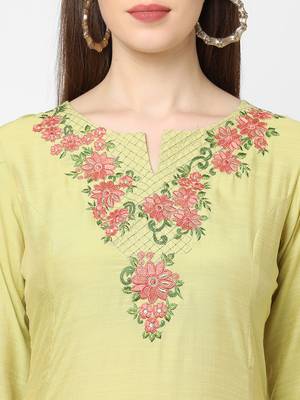 Light-yellow embroidered art silk ethnic-kurtis 3