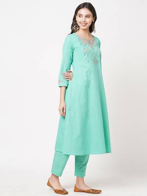 Aqua-blue embroidered cotton ethnic-kurtis 3