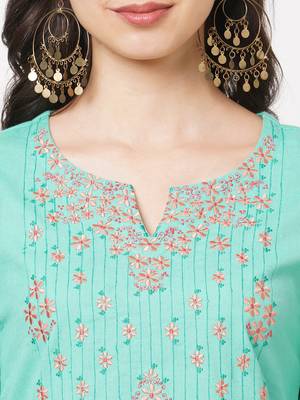 Aqua-blue embroidered cotton ethnic-kurtis 4