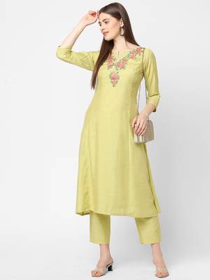 Light-yellow embroidered art silk ethnic-kurtis 5