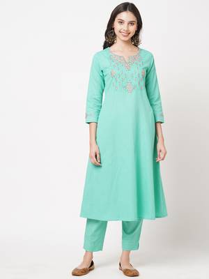 Aqua-blue embroidered cotton ethnic-kurtis 5