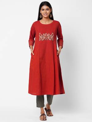 Orange embroidered cotton ethnic-kurtis 1