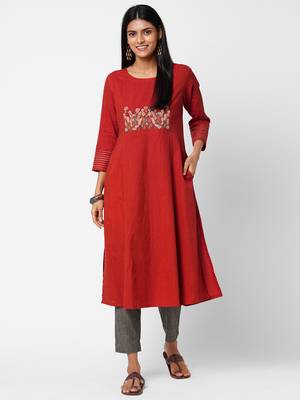 Orange embroidered cotton ethnic-kurtis 5
