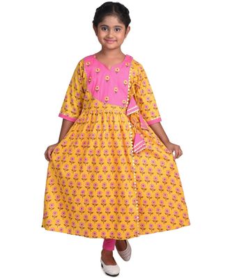 Yellow Floral angrakha Printed Long 