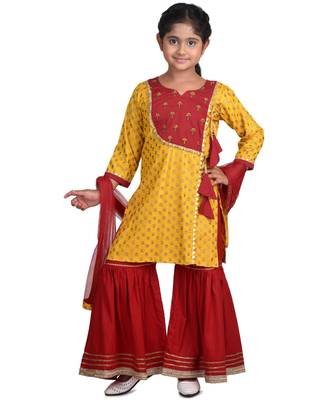 Yellow Floral Printed  Kurti with embroidered yoke work and Red Sharara and dupatta 1