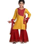 Yellow Floral Printed  Kurti with embroidered yoke work and Red Sharara and dupatta