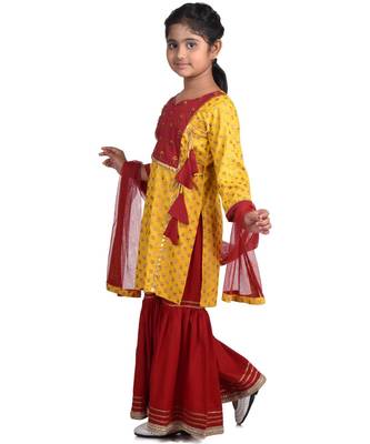 Yellow Floral Printed  Kurti with embroidered yoke work and Red Sharara and dupatta 2