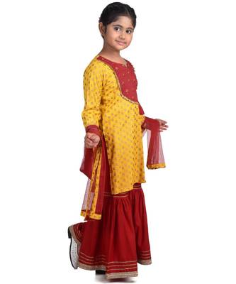 Yellow Floral Printed  Kurti with embroidered yoke work and Red Sharara and dupatta 3