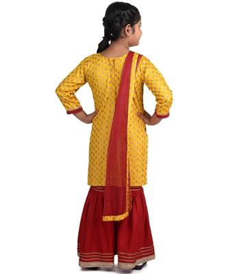 Yellow Floral Printed  Kurti with embroidered yoke work and Red Sharara and dupatta 4