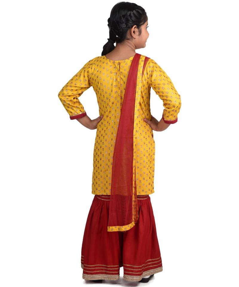 Yellow Floral Printed  Kurti with embroidered yoke work and Red Sharara and dupatta