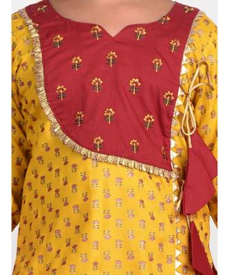 Yellow Floral Printed  Kurti with embroidered yoke work and Red Sharara and dupatta 5
