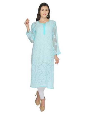 Ada Hand Embroidered Blue Faux Georgette Lucknow Chikankari Women Kurta - A105276 2