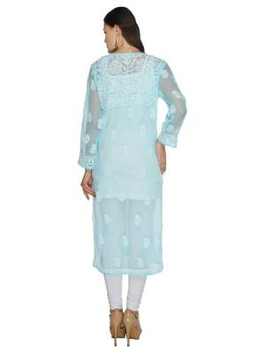 Ada Hand Embroidered Blue Faux Georgette Lucknow Chikankari Women Kurta - A105276 3