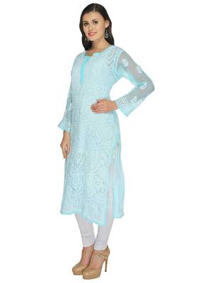 Ada Hand Embroidered Blue Faux Georgette Lucknow Chikankari Women Kurta - A105276 4
