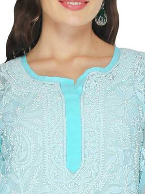 Ada Hand Embroidered Blue Faux Georgette Lucknow Chikankari Women Kurta - A105276 5