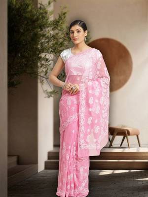 Ada Hand Embroidred Pink Georgette Lucknow Chikan Women Saree With Blouse - A129594 1
