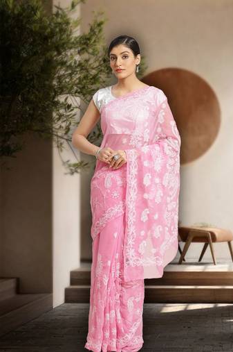 Ada Hand Embroidred Pink Georgette Lucknow Chikan Women Saree With Blouse - A129594