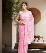 Ada Hand Embroidred Pink Georgette Lucknow Chikan Women Saree With Blouse - A129594