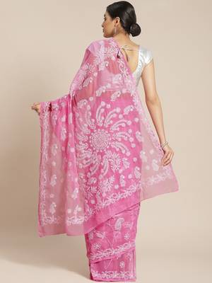 Ada Hand Embroidred Pink Georgette Lucknow Chikan Women Saree With Blouse - A129594 2