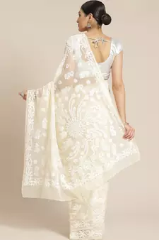 Handmade Fawn Georgette Lucknow Chikankari Indian Women Saree With Blouse