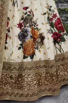 Cream Pearl Dori And Sequins Embroidered Art Silk Lehenga Choli For Festival