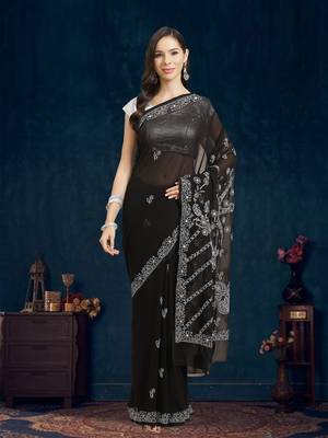 Ada Hand Embroidered Black Faux Georgette Indian Women Saree With Blouse - A130251 1