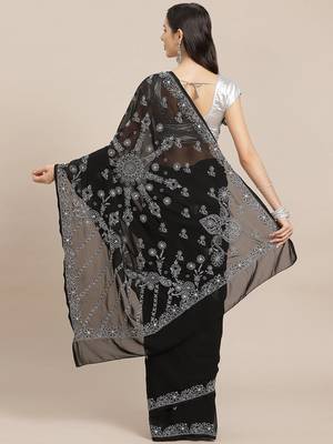 Ada Hand Embroidered Black Faux Georgette Indian Women Saree With Blouse - A130251 3
