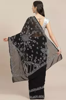 Ada Hand Embroidered Black Faux Georgette Indian Women Saree With Blouse - A130251