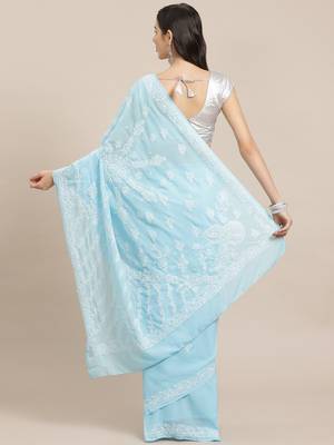Ada Hand Crafted Blue Faux Georgette Lucknowi Chikankari Indian Women Saree With Blouse - A130232 2
