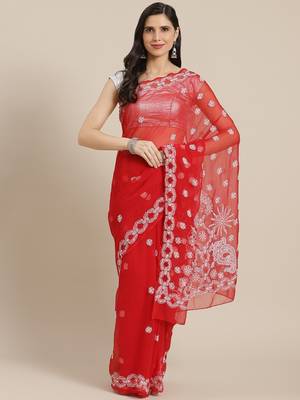 Hand Crafted Crimson Red Faux Georgette Lucknowi Chikankari Indian Women Saree With Blouse 2