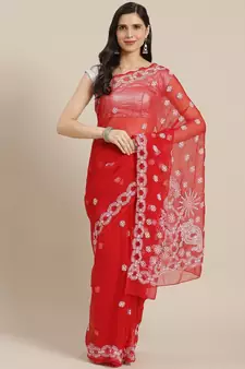 Hand Crafted Crimson Red Faux Georgette Lucknowi Chikankari Indian Women Saree With Blouse