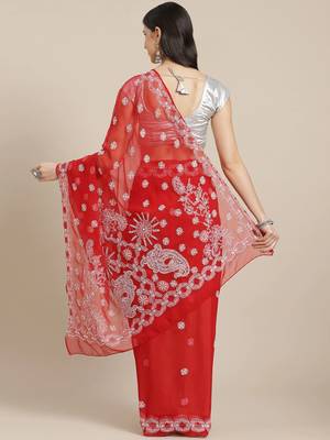 Hand Crafted Crimson Red Faux Georgette Lucknowi Chikankari Indian Women Saree With Blouse 3