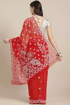 Hand Crafted Crimson Red Faux Georgette Lucknowi Chikankari Indian Women Saree With Blouse