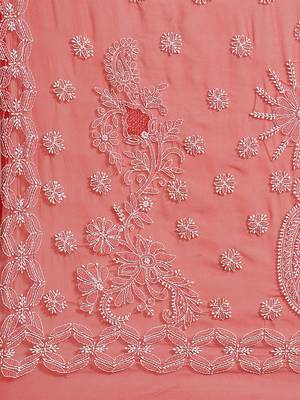 Hand Crafted Crimson Red Faux Georgette Lucknowi Chikankari Indian Women Saree With Blouse 4