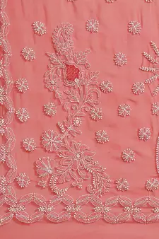 Hand Crafted Crimson Red Faux Georgette Lucknowi Chikankari Indian Women Saree With Blouse