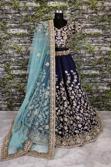 Navy Blue Dori Badla And Sequins Embroidered Silk Bridal Lehenga