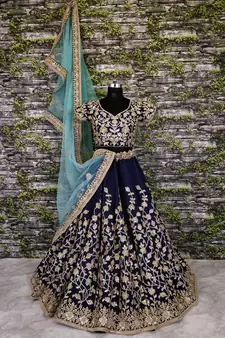 Navy Blue Dori Badla And Sequins Embroidered Silk Bridal Lehenga