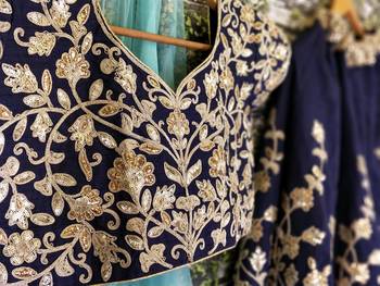 Navy Blue Dori Badla And Sequins Embroidered Silk Bridal Lehenga 9