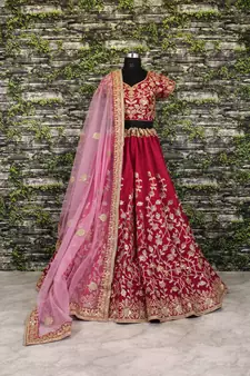 Maroon Dori Badla And Sequins Embroidered Raw Silk Semi Stitched Lehenga Choli
