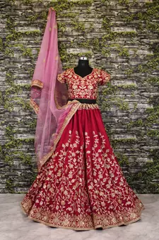 Maroon Dori Badla And Sequins Embroidered Raw Silk Semi Stitched Lehenga Choli