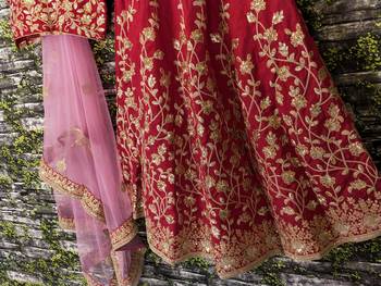 Maroon Dori Badla And Sequins Embroidered Raw Silk Semi Stitched Lehenga Choli 10