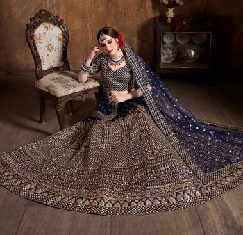 Navy Blue Zari &Glitter Sequins Embroidered Art Silk Party Wear Lehenga 5