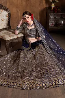 Navy Blue Zari &Glitter Sequins Embroidered Art Silk Party Wear Lehenga